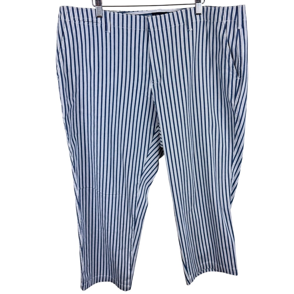 Lands End Womens 16W Blue White Striped Crop Pants Nautical Cotton Stretch 16W